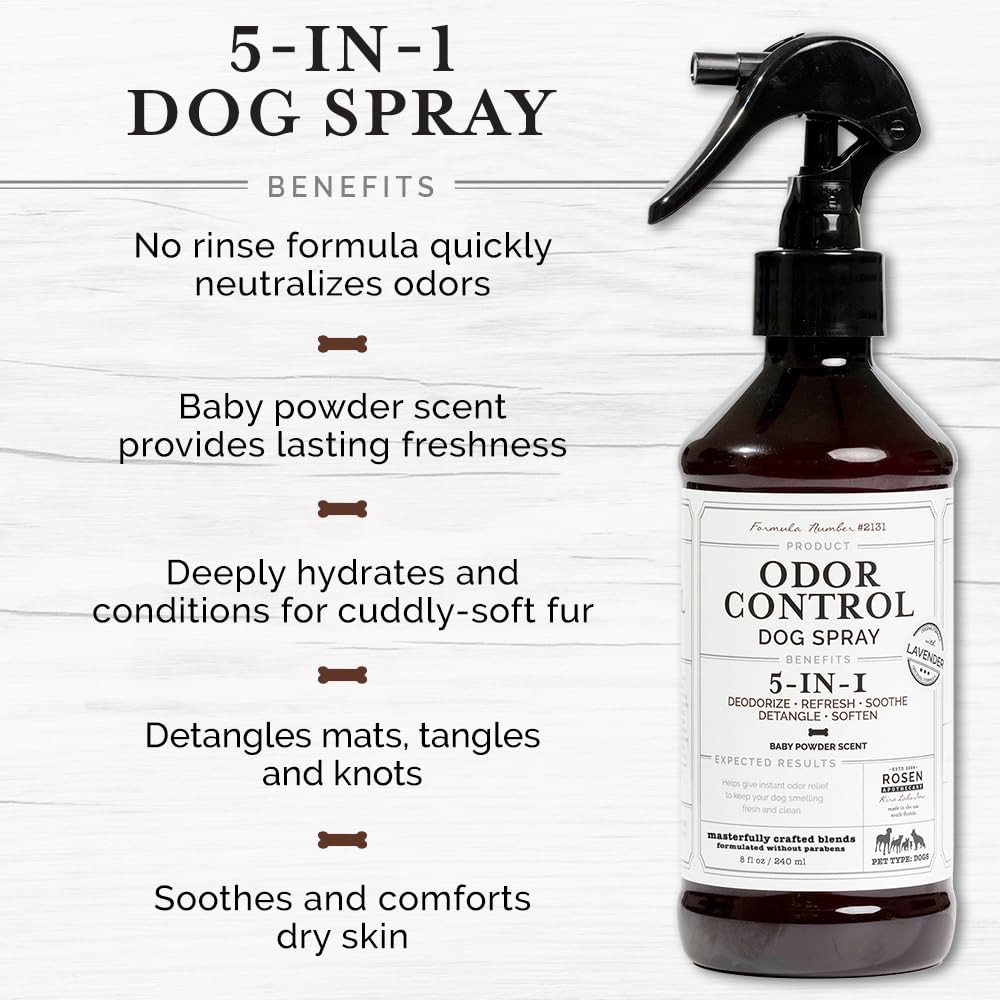 5-in-1 Dog & Pet Deodorizer Spray, Odor Control & Detangling - Fresh Lavender scent with Oatmeal & Aloe for coat health & shine.